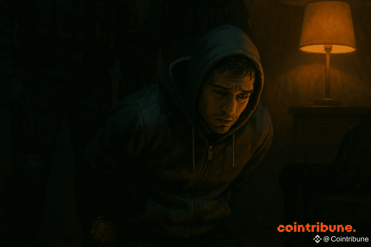 Un homme menotté à genoux, éclairé par une lampe, entouré de policiers, une clé crypto au sol.
