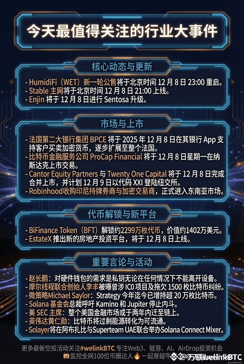 兄弟们行情变化莫测本周web3大事件一览： 今天最值得关注的行业大事件-HumidiFi（WET）新一轮公| 万联welinkBTC na  Binance Square
