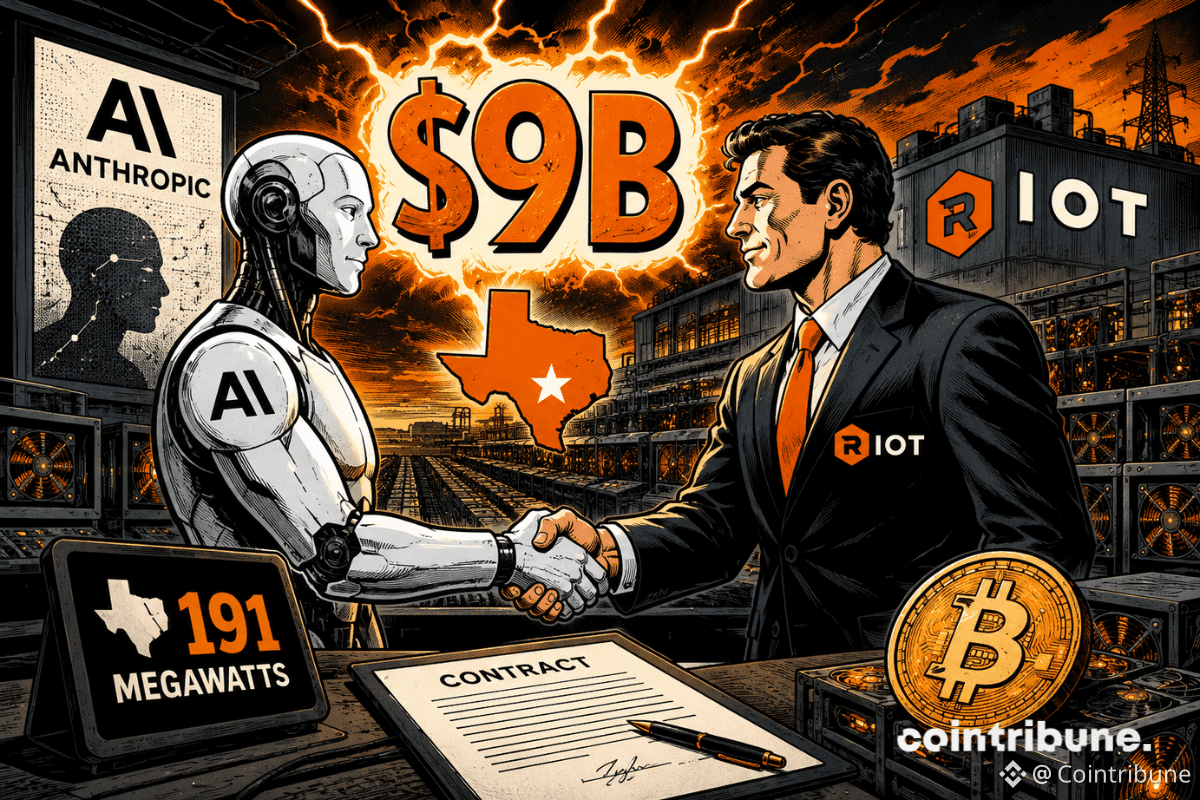 Une figure de l’IA et un dirigeant de Riot se serrent la main devant une ferme de minage Bitcoin au Texas.
