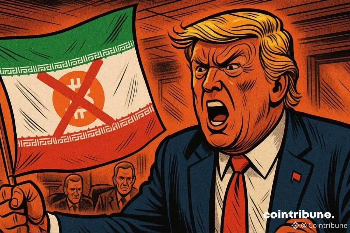 Le président des États-Unis Donald Trump avec le drapeau de l’Iran avec du bitcoin barré dessus. Marquant les sanctions des plateformes crypto.