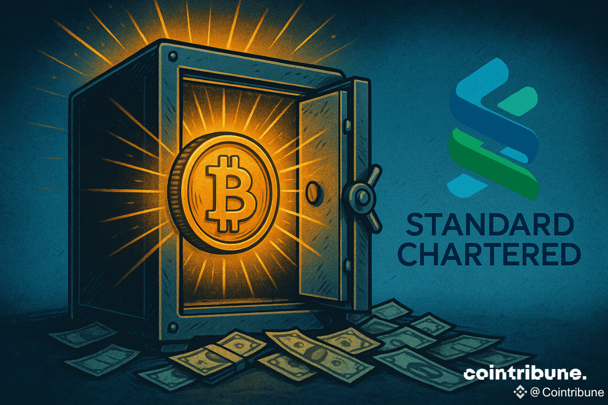 Illustration d'une pièce Bitcoin brillant à l'intérieur d'un coffre-fort avec le logo Standard Chartered, représentant l'adoption institutionnelle de la cryptographie.