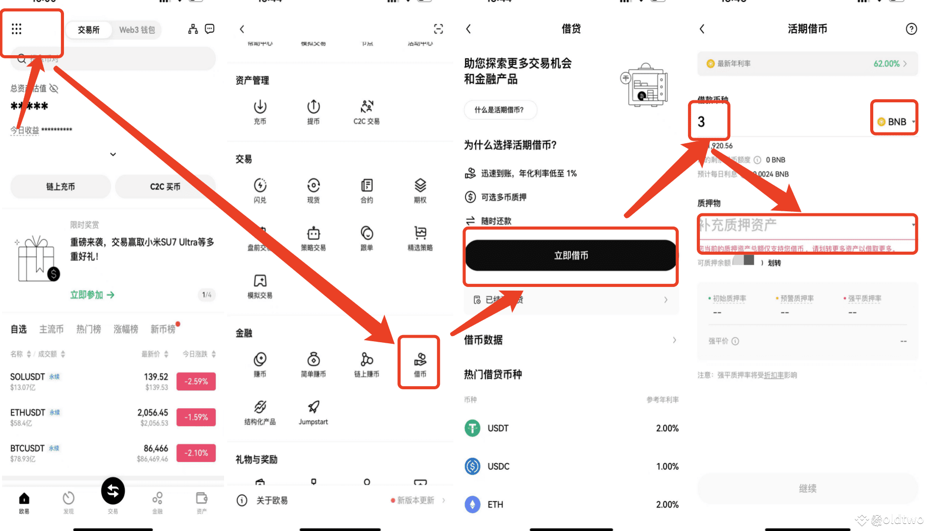 分享两个交易所BNB借贷流程,BNB不够的小伙伴速领！ 🌟 币安交易所$BNB 借贷流程： 1️⃣ 将现货资产划| oldtwo发布于币安广场