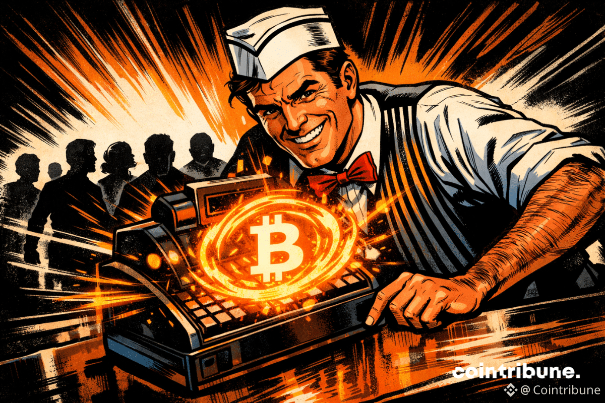 Une scène rétro dans le style bande dessinée des années 1970 montre un gérant de Steak 'n Shake sûr de lui, penché sur une caisse enregistreuse lumineuse émettant une énergie Bitcoin orange, tandis que les clients font la queue derrière lui.