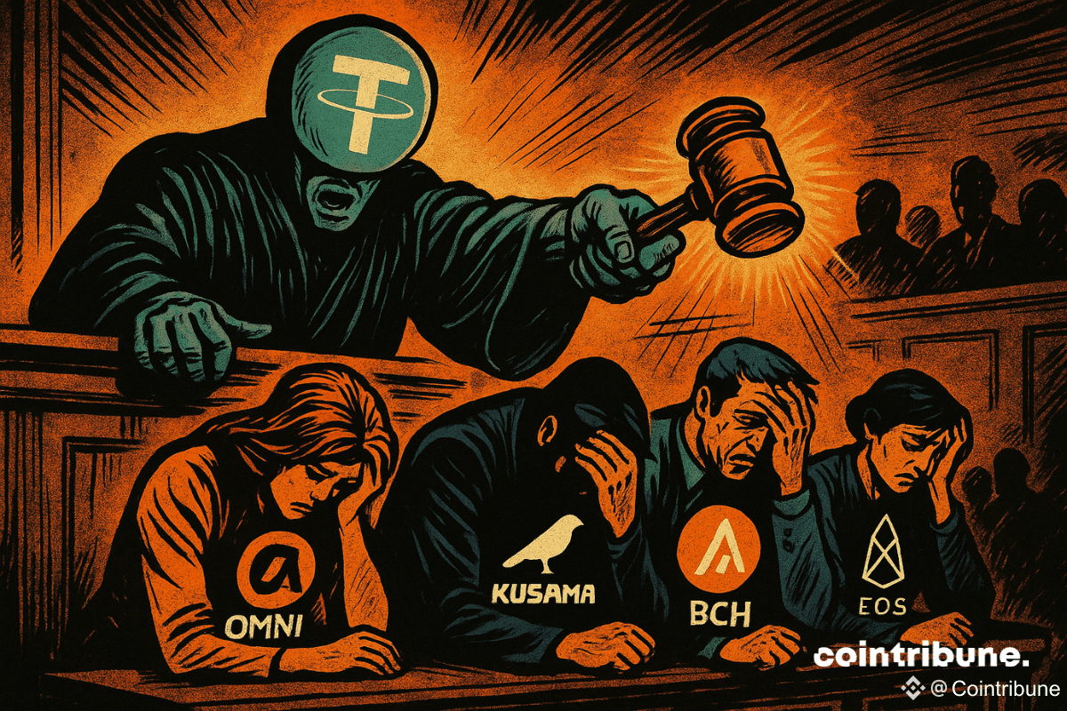 Tether juge cinq blockchains personnifiées, accablées, avec leurs logos. Ambiance dramatique, lumière orange, tension et rupture imminente.