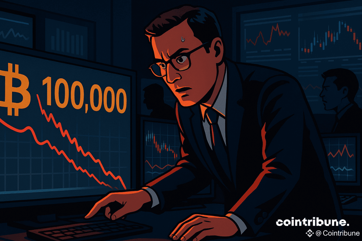 Analyst watches Bitcoin chart dip below $100,000 in tense control room scene.