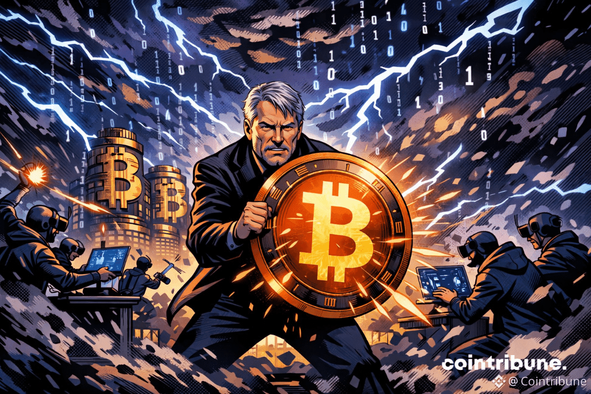 Michael Saylor protège Bitcoin d'une tempête numérique avec des développeurs codant dans une scène de style bande dessinée.