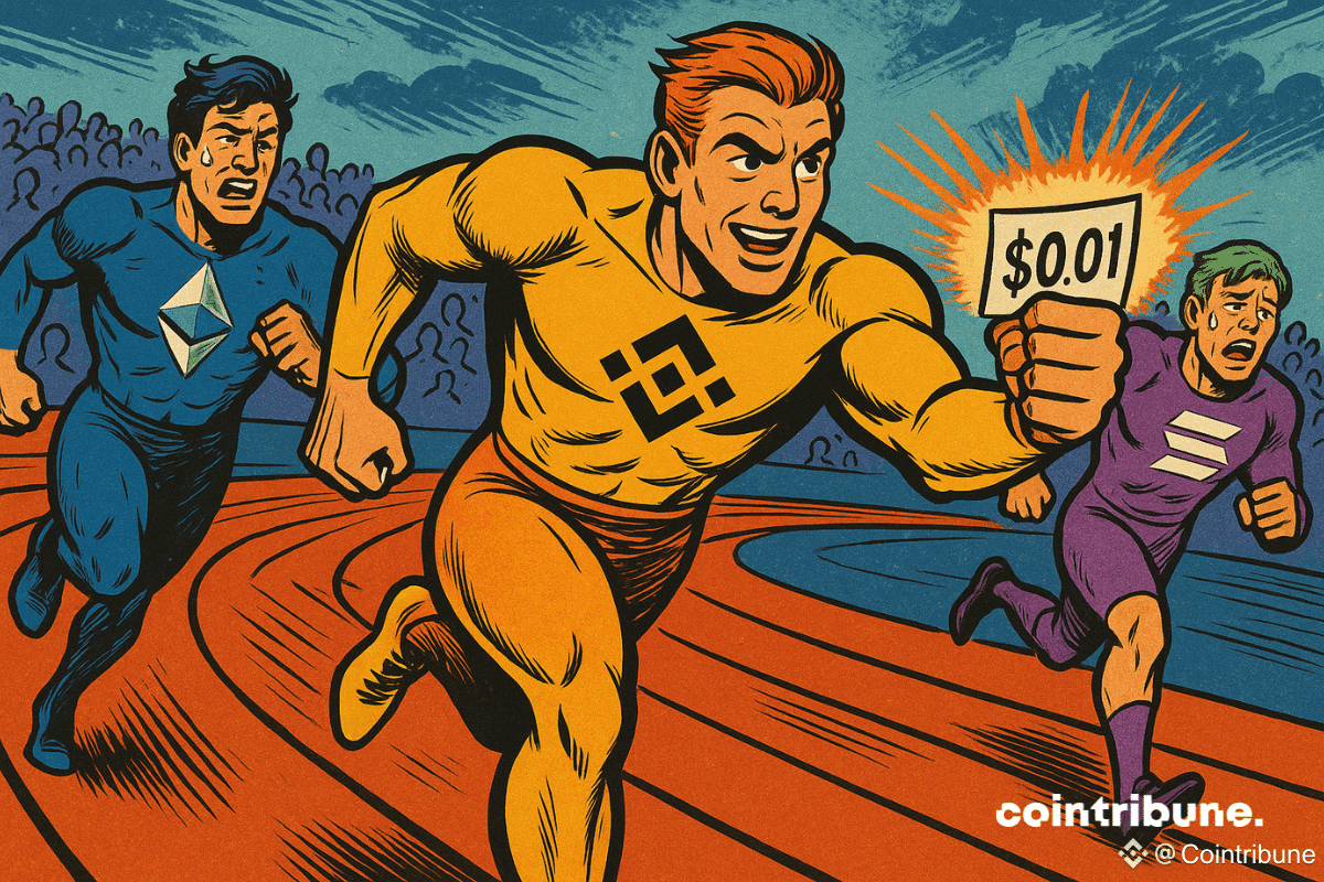 Plan large type "course olympique", piste futuriste en circuit numérique. Binance BNB en personnage athlétique, devant Ethereum et Solana.