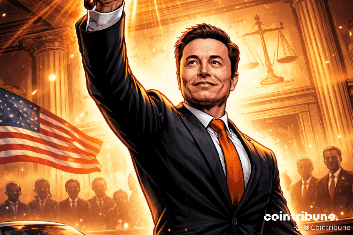 Elon Musk brandit un marteau de juge lumineux dans une salle d’audience, vêtu d’un costume sombre avec une cravate orange, devant une Tesla et un drapeau américain, dans un style comics des années 70.