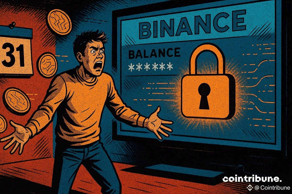 Un investisseur crypto devant un écran affichant son compte Binance bloqué.
