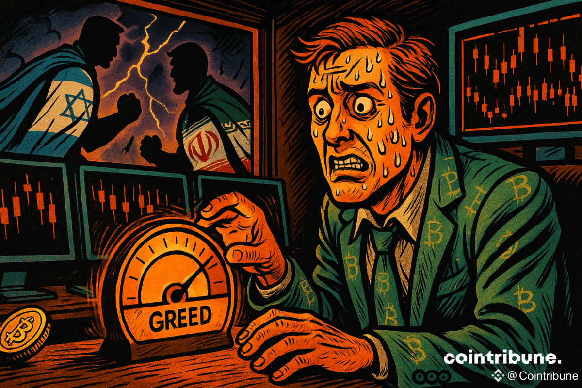L’image montre un trader crypto en sueur, assis dans une salle de marché sombre, les yeux écarquillés de panique.