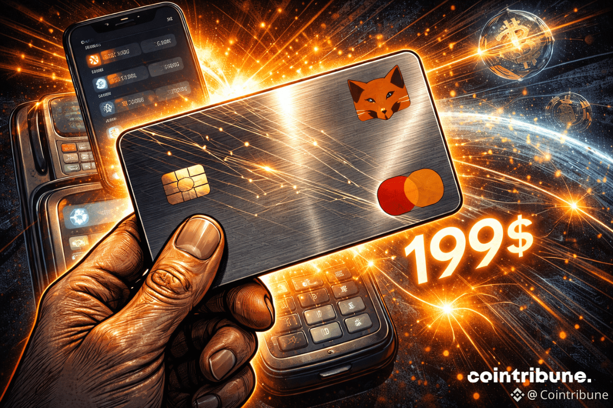 Main tient carte métallique MetaMask brillante, 199 $ lumineux, smartphone et terminal derrière, flux orange relient crypto et paiements mondiaux.