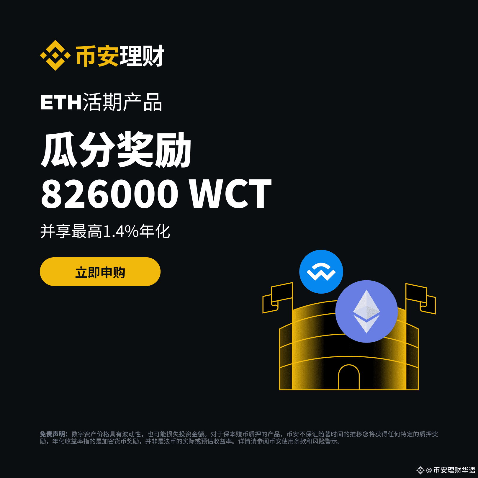 最后一周啦！不要错过ETH理财活动，瓜分826,000 的WCT奖池只需参与活动并申购不少于0.2 ETH活期理财| 币安理财华语على  Binance Square