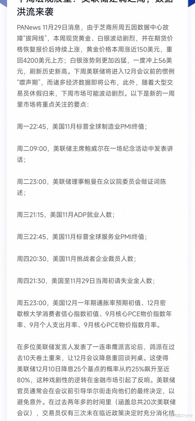 本周宏观展望：美联储定调之周，数据洪流来袭下周美联储将进入12月会议前的惯例“噤声期”，而诸多经济数据即将公布，此外| 先生Crypto pe  Binance Square