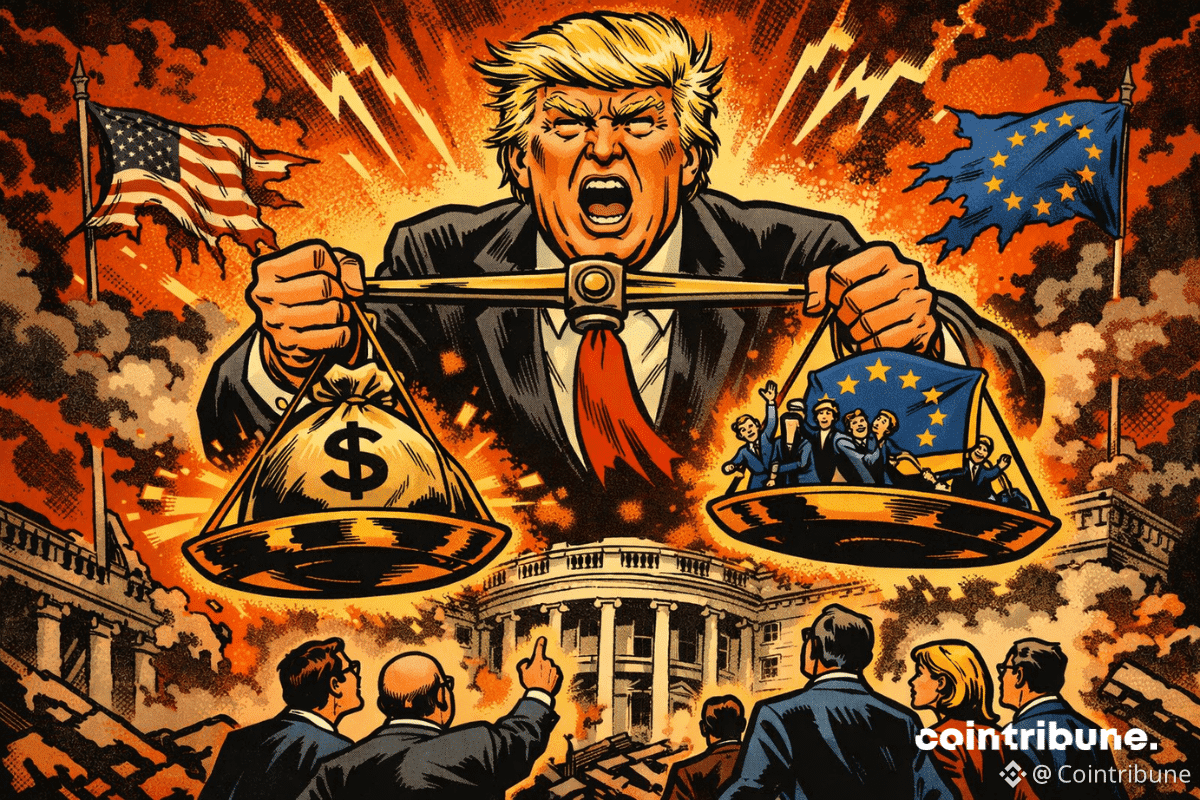 Trump en colère brandit une balance déséquilibrée entre argent et diplomates européens, sur fond d'apocalypse entre USA et UE.