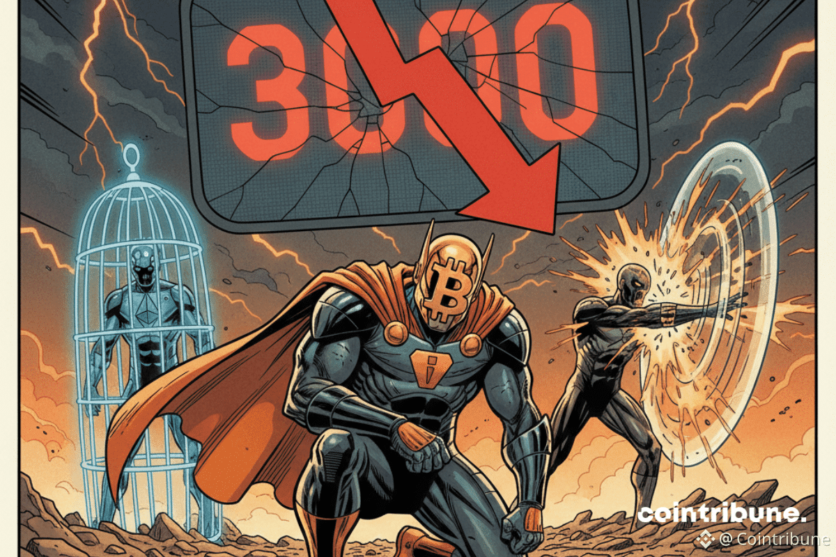 Un héros Bitcoin à genoux devant le chiffre 3000, avec Ethereum emprisonné et XRP s'écrasant contre un mur invisible.