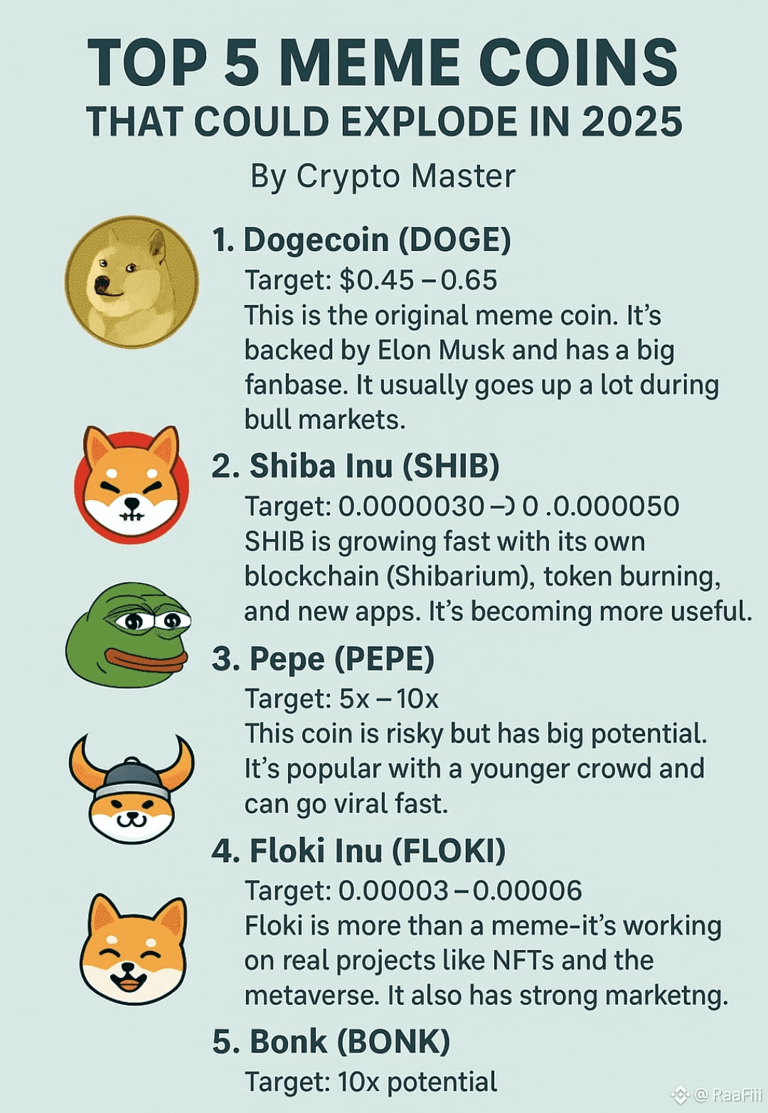 2025年可能爆炸的前5名MEME币 🚀🔥 作者:Crypto Master 1. 狗狗币 $DOGE 🐶 目标 | RaaFiii发布于币安广场