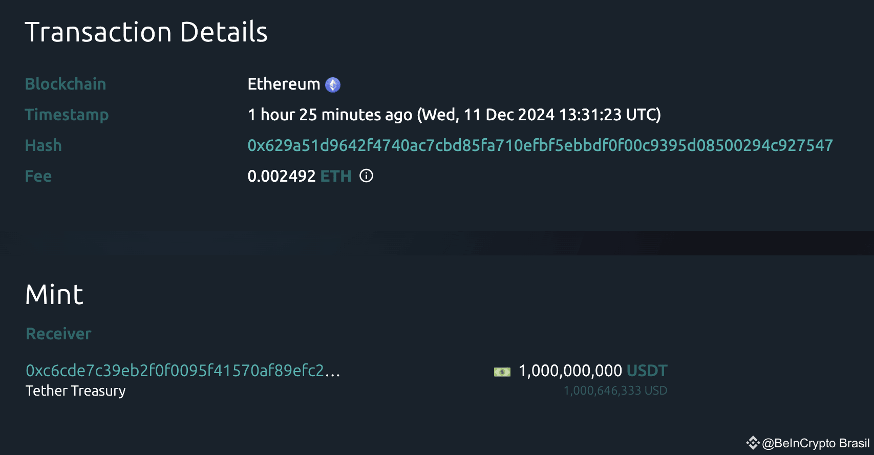 Tether Mints 1 Billion USDT Tokens