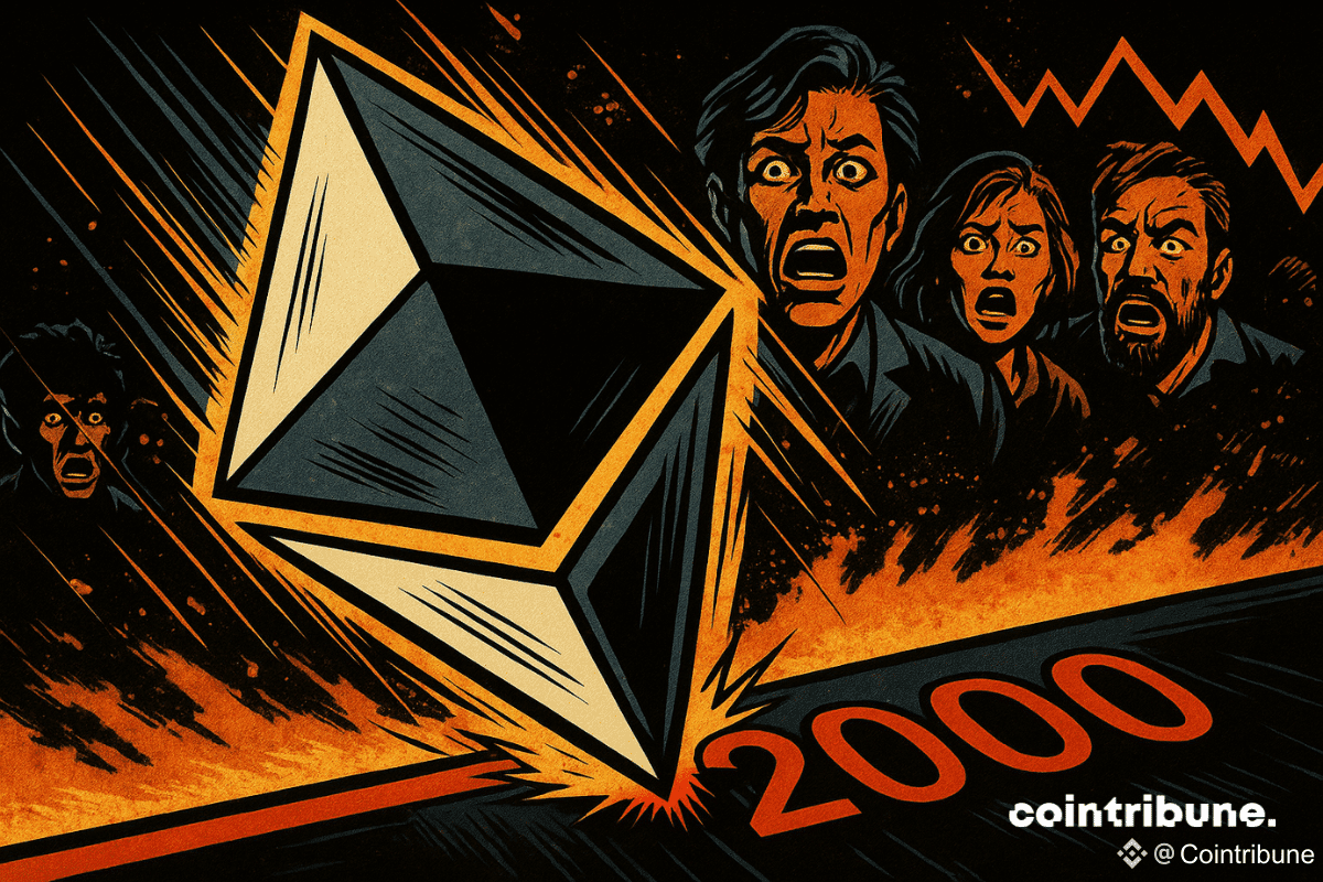 Un logo Ethereum en chute vers "2 000 $" avec des investisseurs choqués en arrière-plan, sur un fond orange éclatant.