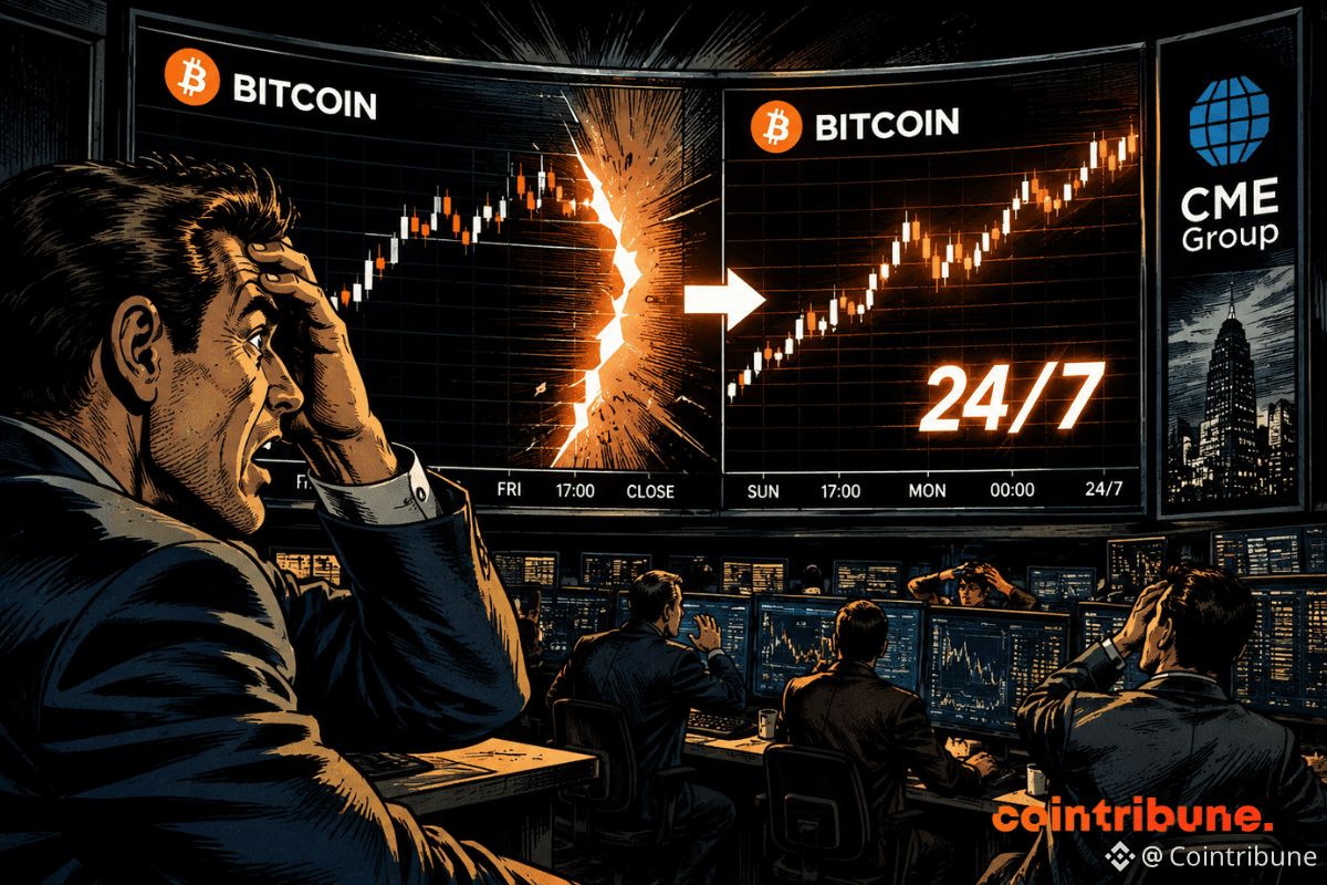 Des traders paniquent devant un graphique Bitcoin dont une faille historique disparaît brutalement sous un flux continu de marché permanent