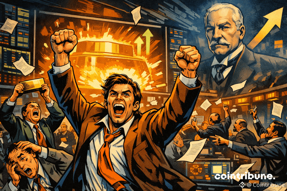 Scène de style bande dessinée montrant des traders euphoriques célébrant le rebond de l'or sur un parquet chaotique.