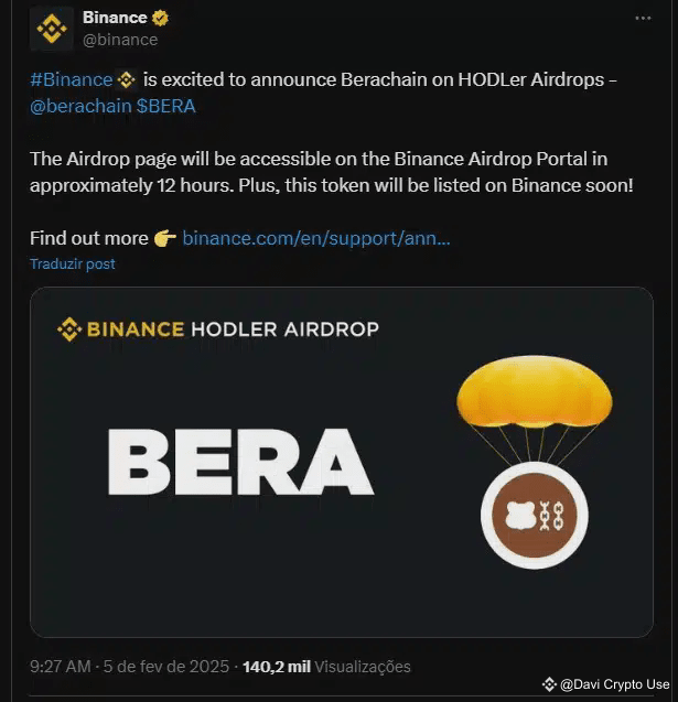 Binance revela airdrop e listagem do projeto Berachain (BERA). Fonte: X.