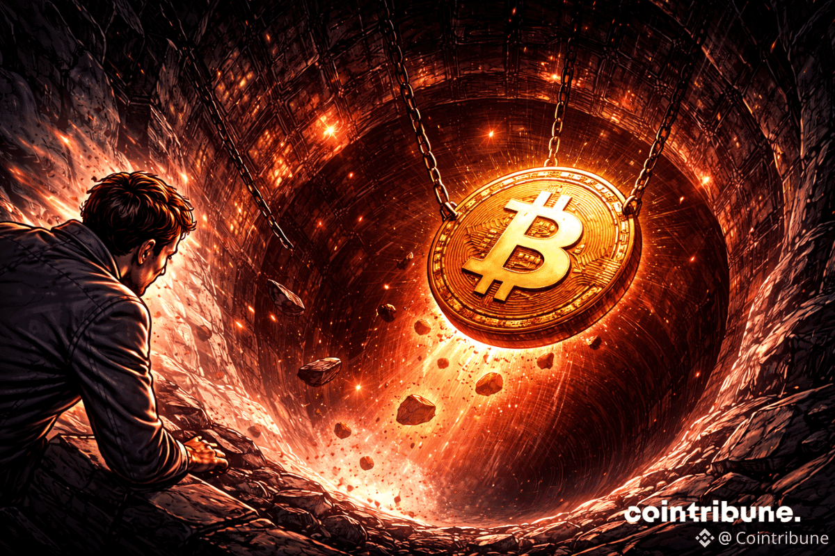 Un puits profond dans lequel le logo du Bitcoin est suspendu à mi-parcours, éclairé faiblement par une lumière rouge.