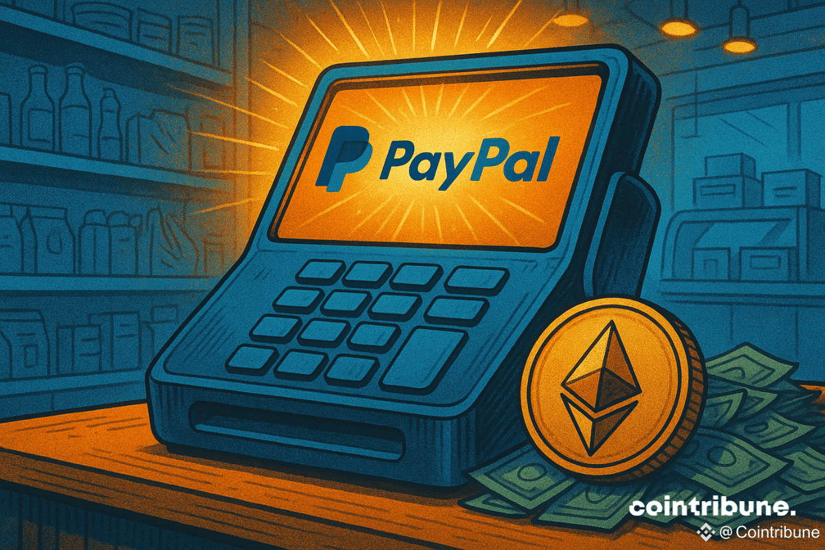 Un terminal de point de vente avec le logo PayPal brillant sur l'écran, à côté d'une pièce d'or Ethereum et de piles de billets de dollars, symbolisant les paiements crypto dans le commerce de détail.