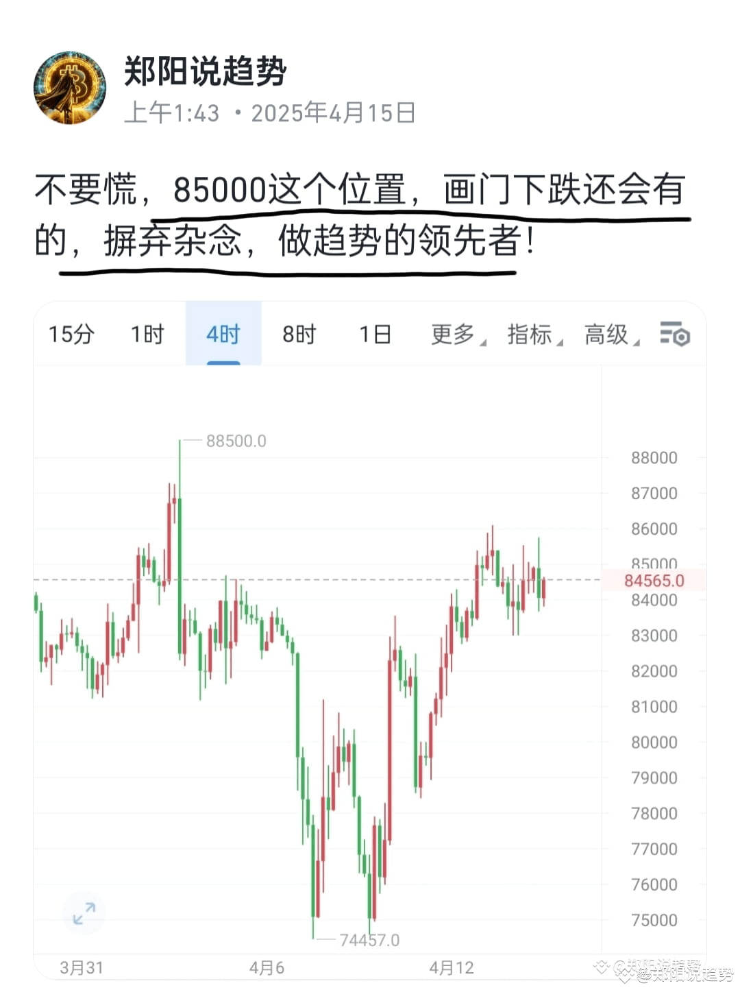 Initial decline appears, short at 85000, holding 700 points, | 郑阳说趋势 on ...