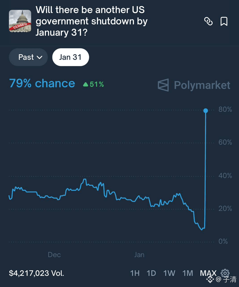 美国政府再次面临停摆风险，将在本月底重演据Polymarket数据，美国在1月31日前继续面临政府停摆的概率已攀升至| 子清发布于币安广场
