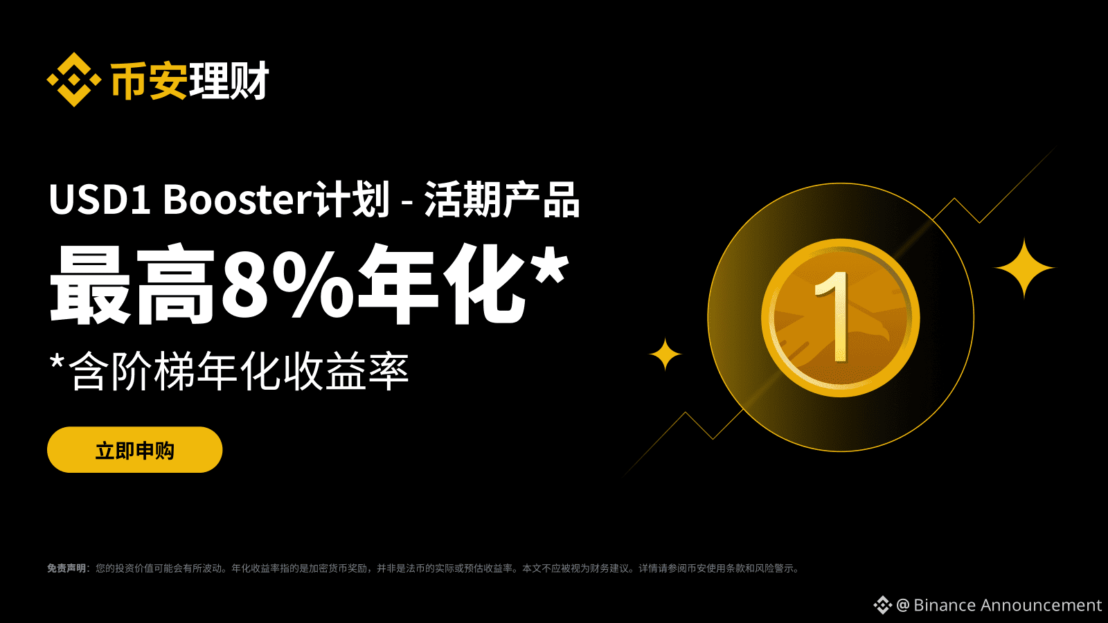 币安USD1 Booster计划：申购USD1活期产品，享最高8%年化收益率（2026-01-24） | Binance  Announcement发布于币安广场