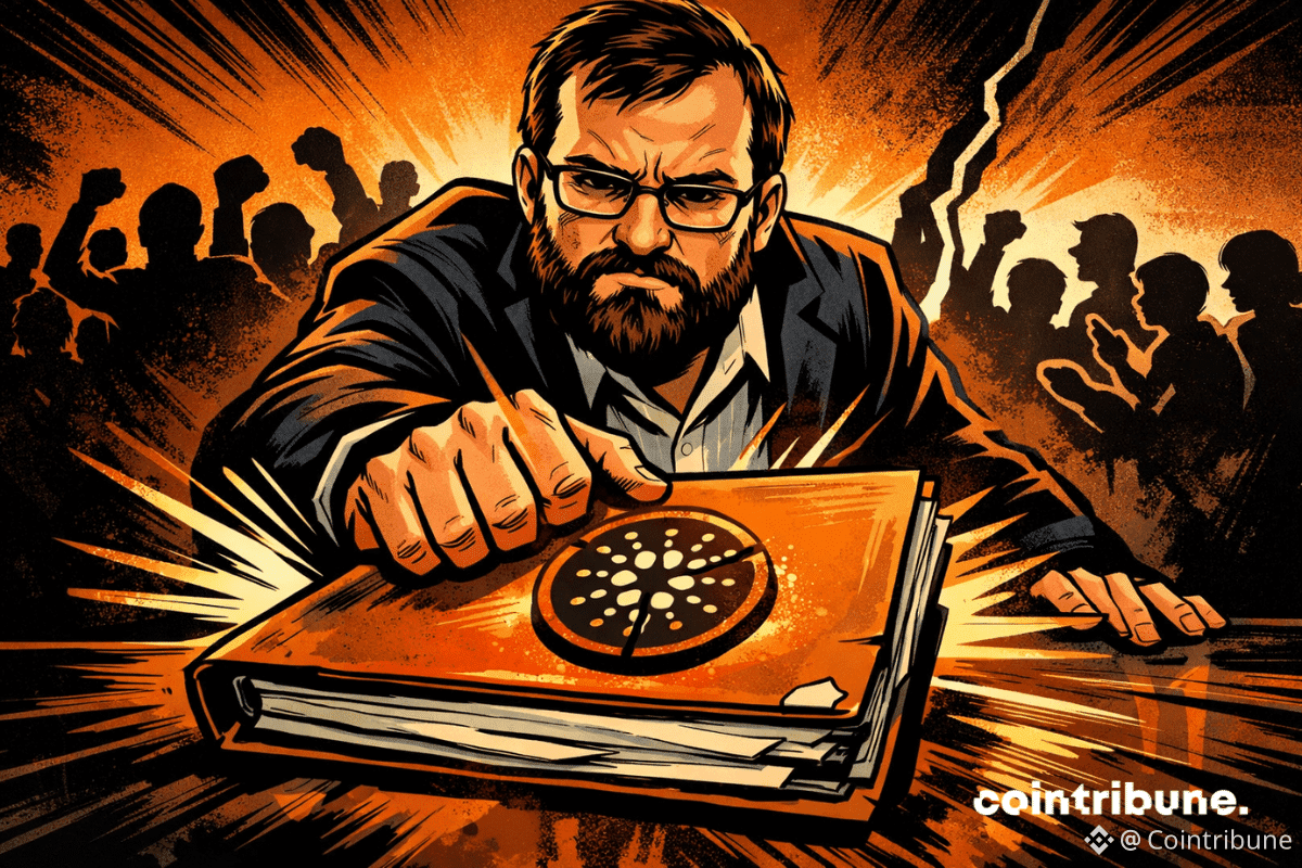 Une illustration de style bande dessinée montre Charles Hoskinson fermant avec force un classeur orange orné d'un symbole Cardano fissuré, tandis qu'une foule divisée se dispute derrière lui.