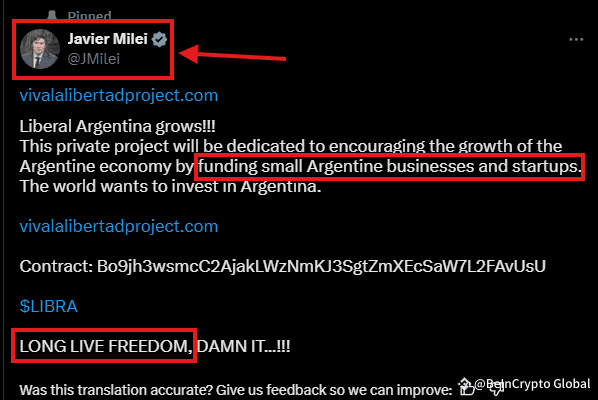 President Milei's deleted tweet about the LIBRA meme coin