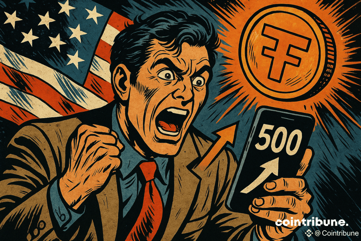 Un homme en costume réagit avec surprise en voyant une hausse à 500 sur son smartphone, avec une pièce orange symbolisant la crypto en arrière-plan