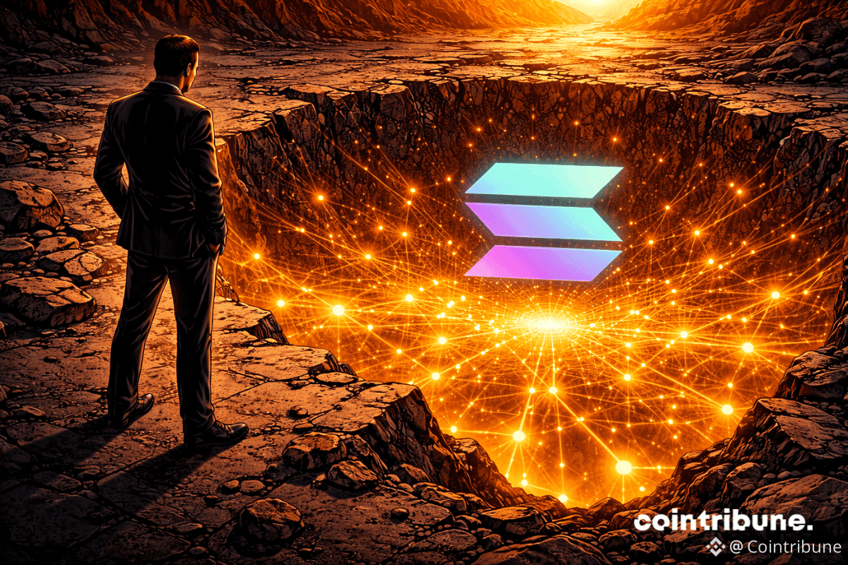 La crypto Solana repose sur un sol fissuré, semblant s’enfoncer légèrement. Sous la surface, des flux lumineux on-chain soutiennent la structure.