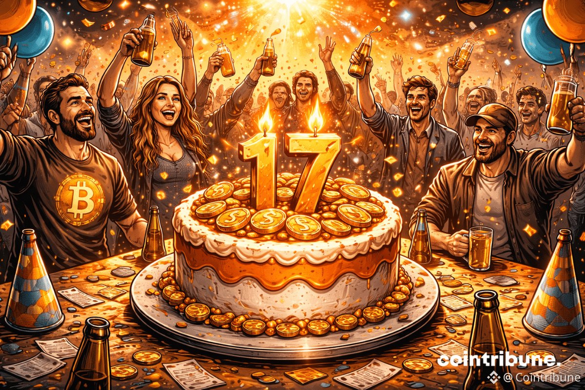 Au centre d’une table d’anniversaire se trouve un gâteau en forme de Bitcoin avec 17 bougies lumineuses.