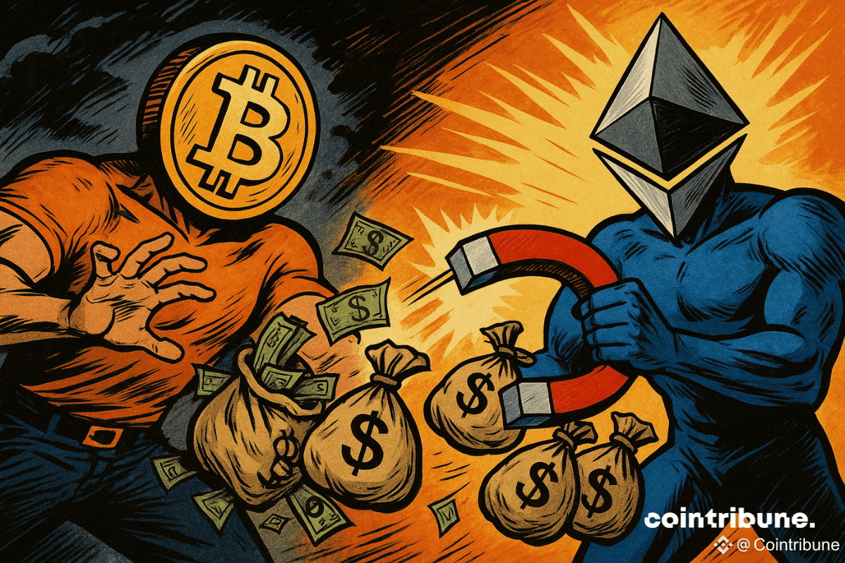 L’argent est attiré vers Ethereum sur un fond lumineux, tandis que Bitcoin se tient sur un fond sombre et orageux.