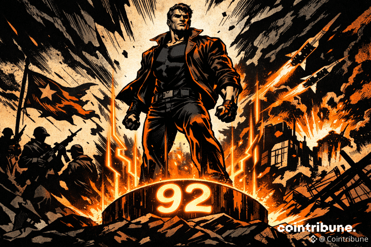 Une illustration comique dans le style des années 1970 montre une puissante figure Bitcoin debout sur un piédestal lumineux marqué du chiffre 92, entourée d'une énergie orange, tandis que le chaos mondial plane en arrière-plan.