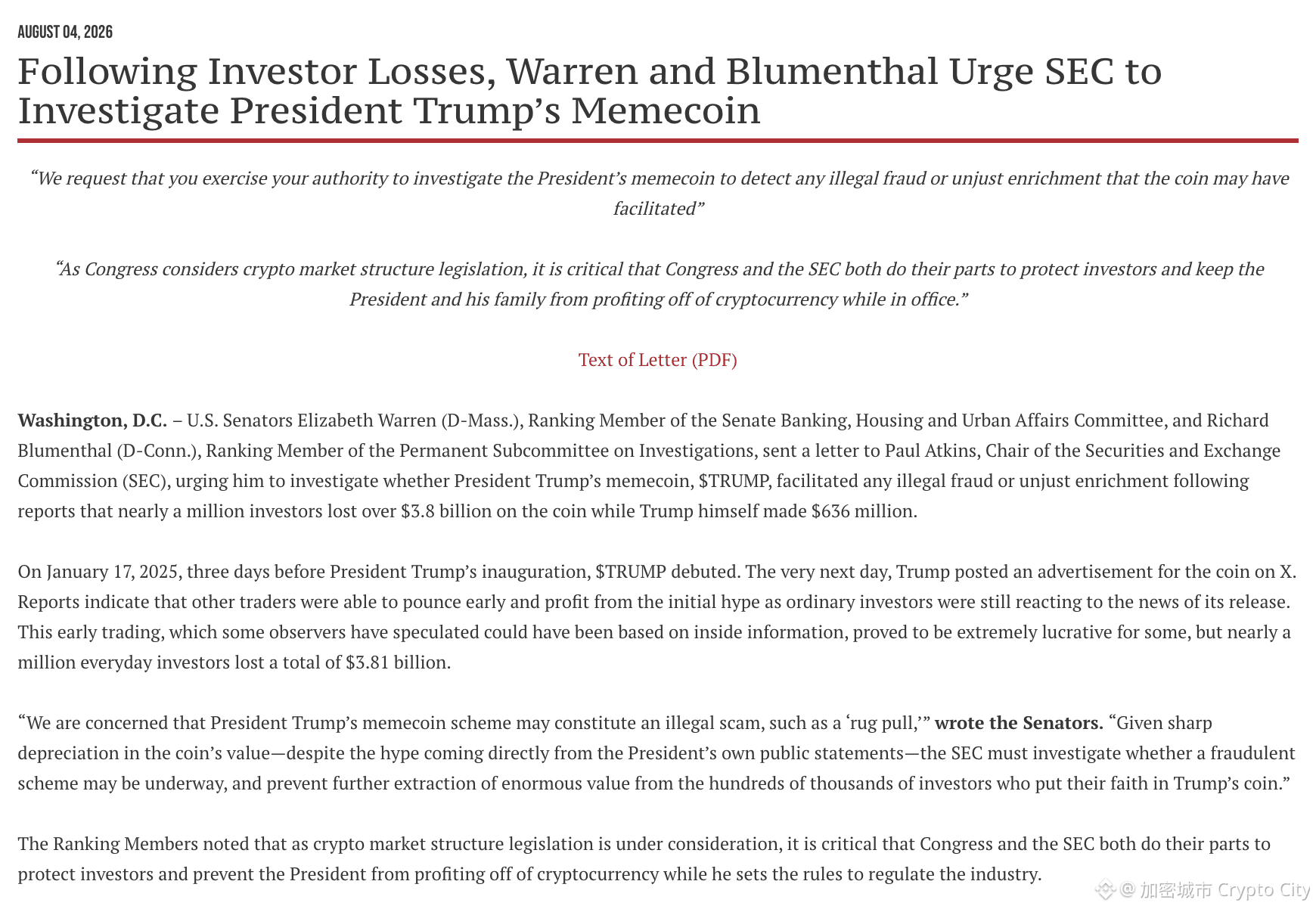 Elizabeth Warren 與 Richard Blumenthal 致函 SEC 主席 Paul Atkins，要求監管機關調查川普幣