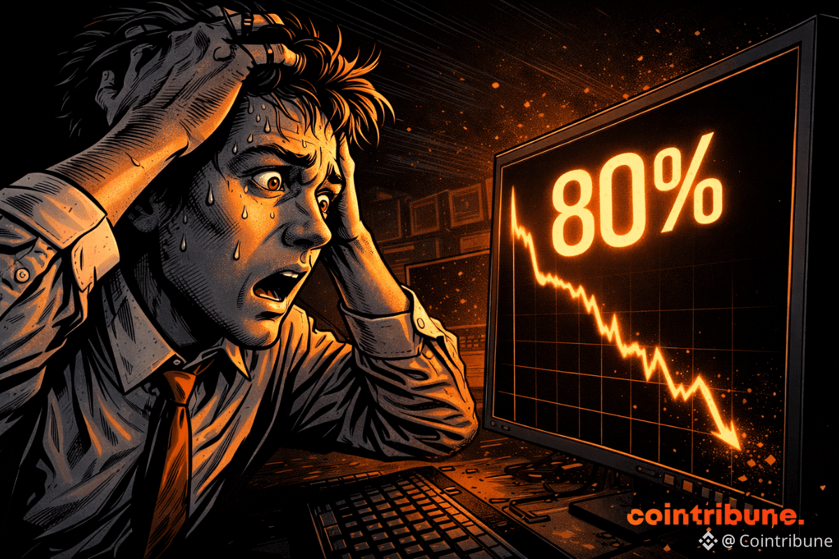 Analyste paniqué face à un écran affichant une chute de 80 % de XRP