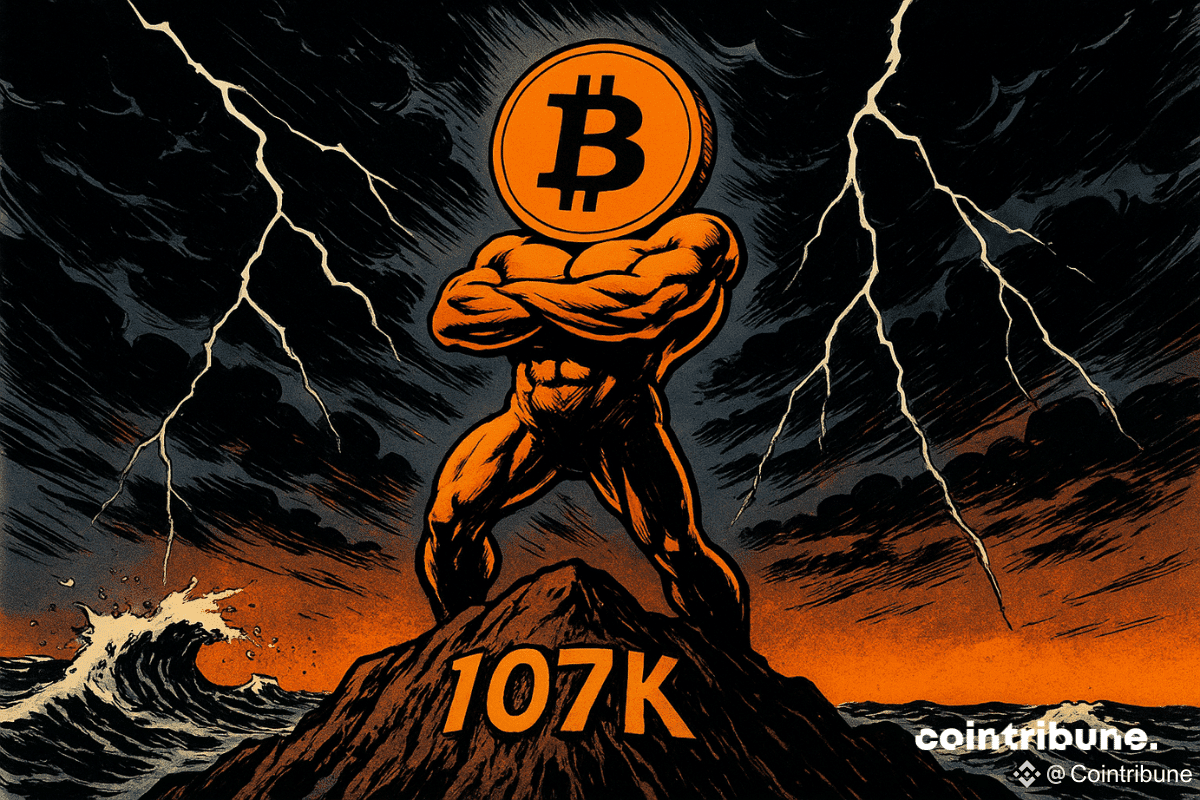 Un Bitcoin titanesque se dresse au sommet d’une montagne orageuse, irradiant de puissance, avec "107K" gravé dans la roche.