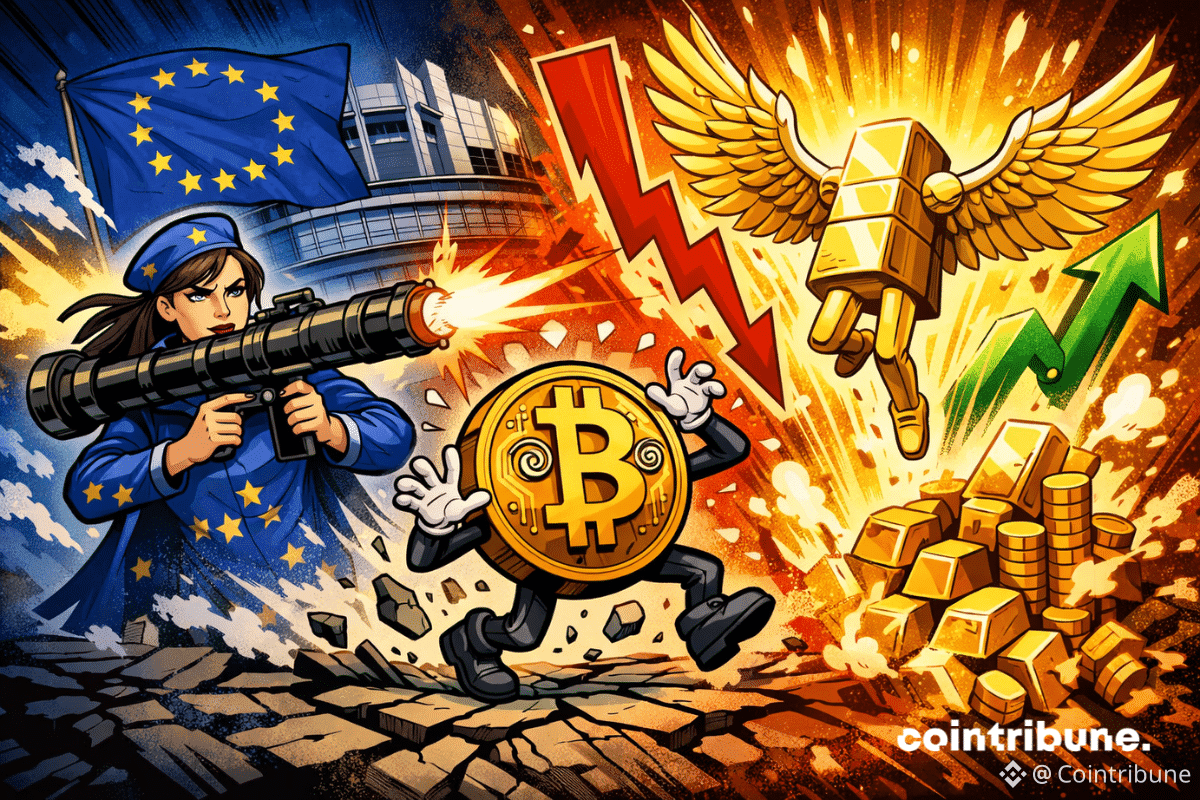 une femme représentant l’Union européenne tire avec un bazooka, visant un personnage paniqué symbolisant le bitcoin, pendant qu’un lingot d’or ailé s’élève dans une explosion de lumière, entouré de pièces et barres d’or.