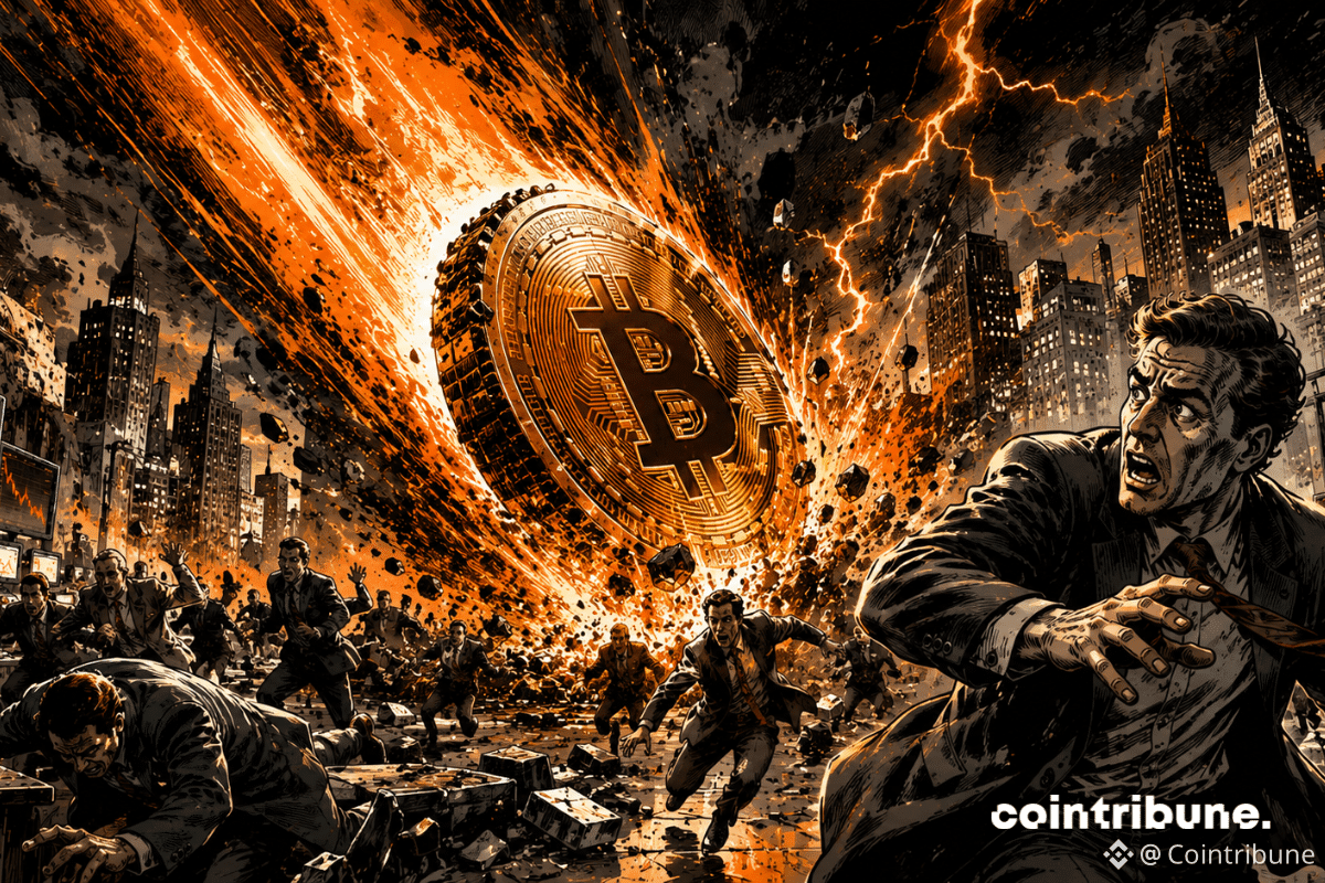 Un gigantesque Bitcoin enflammé tombe du ciel comme une météorite. Des traders courent dans tous les sens.