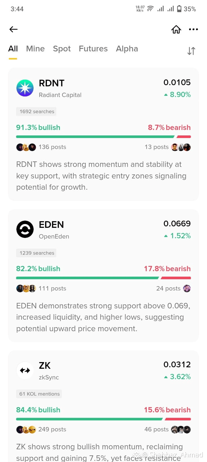 Now 3 Three coins Bullish more than 80% $RDNT $EDEN $ZK | Shahbaz Ahmad ...