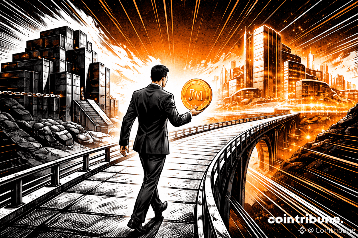 Un banquier de JPMorgan traverse un pont symbolique, tenant une pièce orange, quittant la finance fermée vers un univers crypto ouvert moderne.