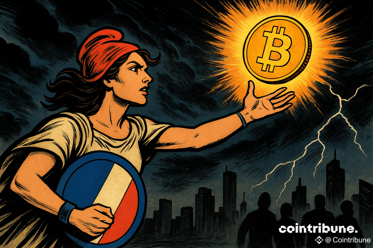 Une Marianne moderne, héroïque et déterminée, tend la main vers un Bitcoin incandescent dans un ciel orageux, son bouclier bleu-blanc-rouge à la main, symbolisant la France rattrapant son retard face à la révolution crypto.