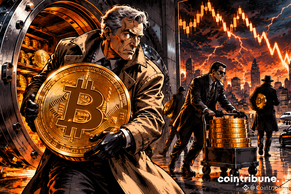 Dans une chambre forte gigantesque ouverte, un vieil investisseur en manteau sombre porte une lourde pièce Bitcoin.
