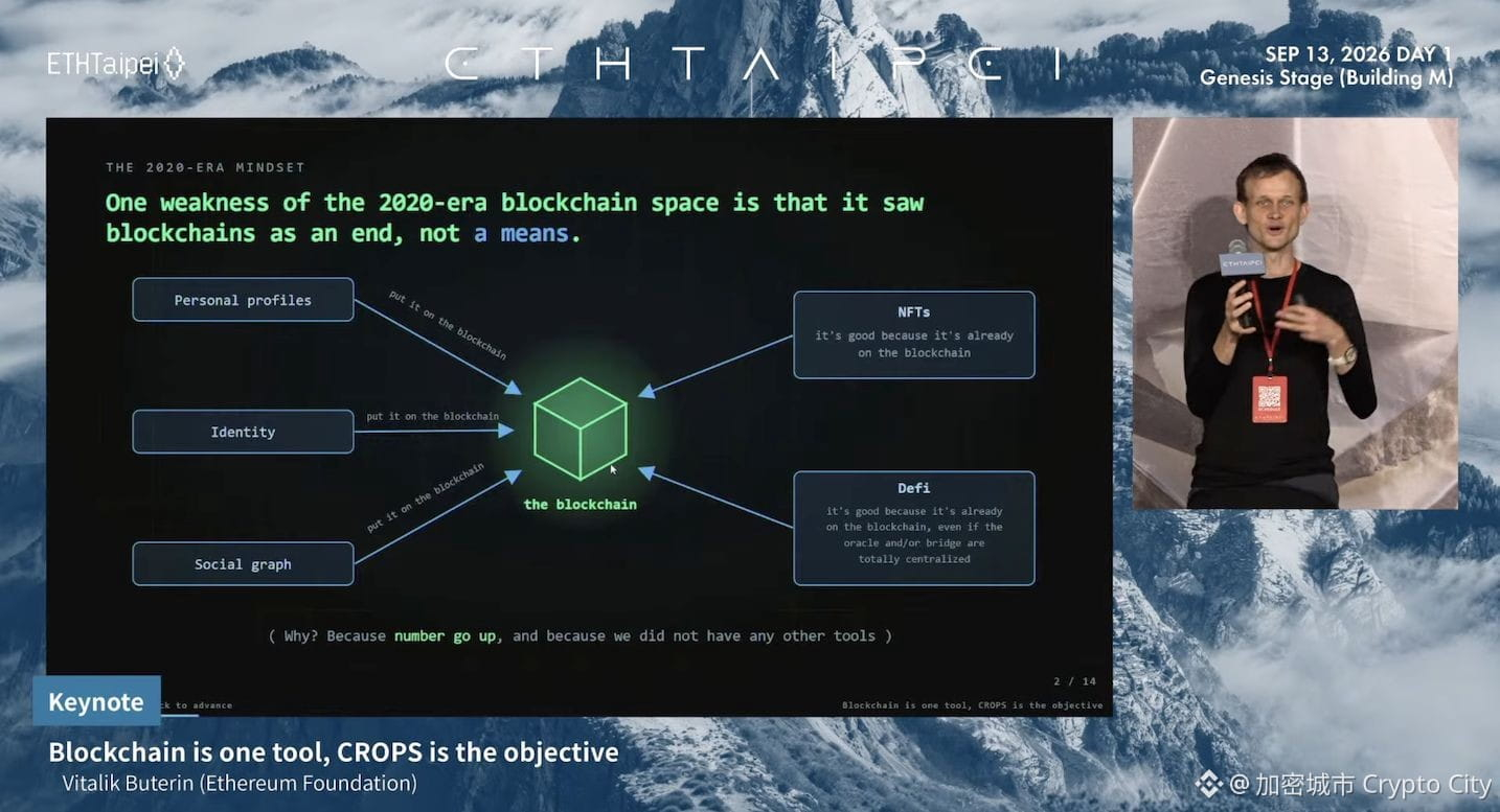 Vitalik 回顧約 5、6 年前的加密市場熱潮，產業習慣將「上鏈」本身視為產品價值