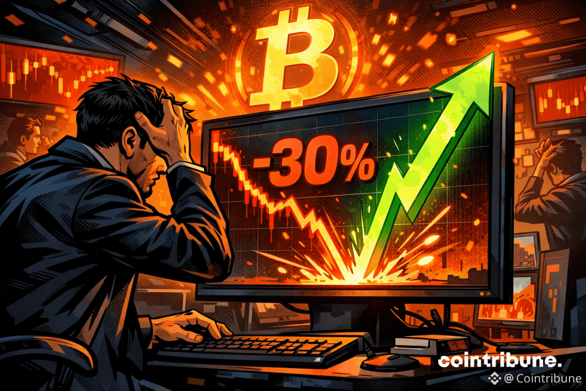 Trader inquiet devant un écran affichant -30 % et une flèche verte montante, symbole du Bitcoin illuminé en arrière-plan.