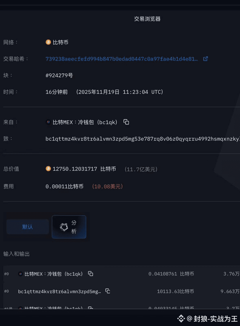 这是近一周内最大手笔了12750个比特币价值11.7亿美金据传说是巴伦咱也不清楚…… | 封狼-实战为王ຢູ່ຟີດຂ່າວຂອງ Binance