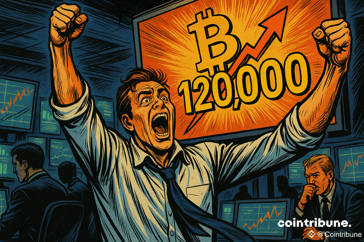 Trader euphorique lève les bras devant un écran affichant "Bitcoin 120 000", ambiance électrique dans une salle de marché.